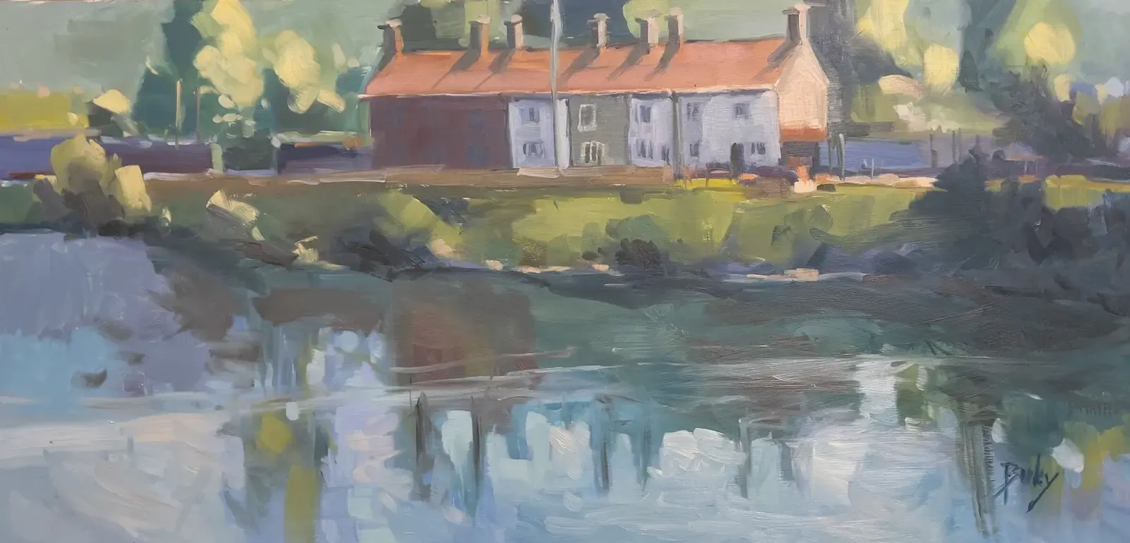 Riverbank Cottages, painting by Szabolcs Brezovsky